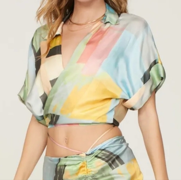 Just BEE Queen Women's Multicolor Abstract Short-Sleeve Crop Chiara Top, Size M - Picture 4 of 12